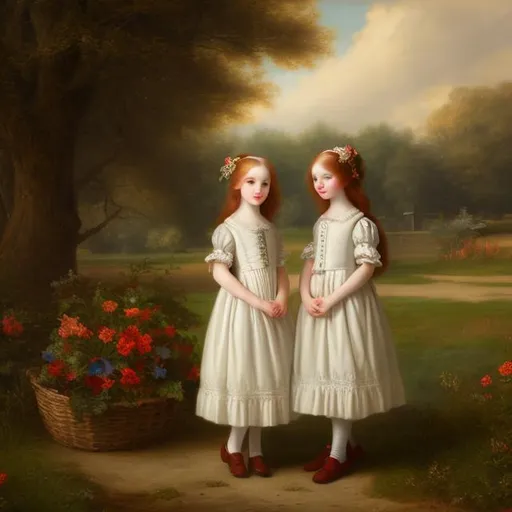 Prompt: Two girls, red hair, long and curly, pale skin, tall,18th century aesthetic, colonial american landscape, ,analog filter, perfect composition, hyperrealistic, super detailed, 8k, high quality, trending art, trending on artstation, sharp focus, intricate details, highly detailed