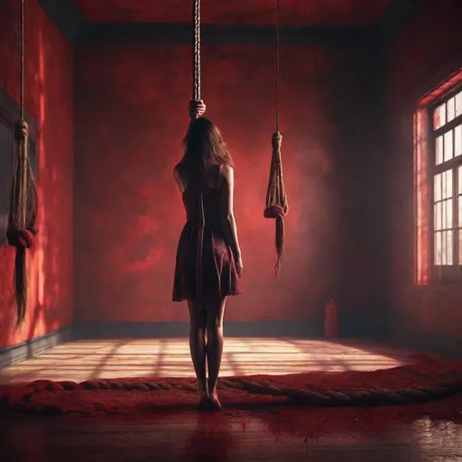 Prompt: Graphic image of beautiful woman hanging by the neck from a rope tied to the gallows Horrifying vibrant bloody intense image. Everything is perfectly to scale. HD, 8k resolution, UHD, High Resolution Award winning
