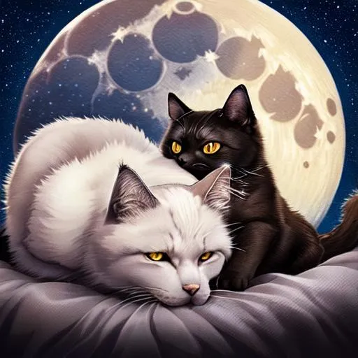 Prompt: A cat and dog snuggle together under the full moon in a starry night sky, hyperdetailed features, photorealistic, high quality, trending on artstation