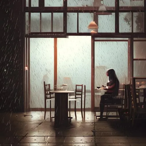 Prompt: a beautifull rainy day through a wooden window by greg rutkowski, soft palette, .Bright Cozy Cafe Interior. Dark lightning storm outside. Cinematic Lighting. Ambient Scene a table by window's side with coffee laptop headphones working cafe 
animated amine style 