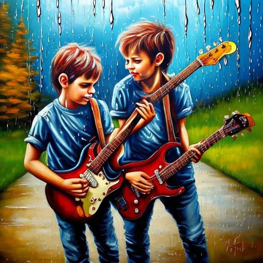 Prompt: I want a painting with two boys are play guitar in rain
