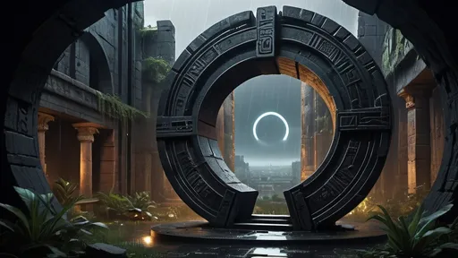 Prompt: magical portal between cities realms worlds kingdoms, circular portal, ring standing on edge, upright ring, freestanding ring, hieroglyphs on ring, complete ring, ancient babylonian architecture, gardens, ruins, turned sideways view, futuristic cyberpunk tech-noir setting, dark night, rain