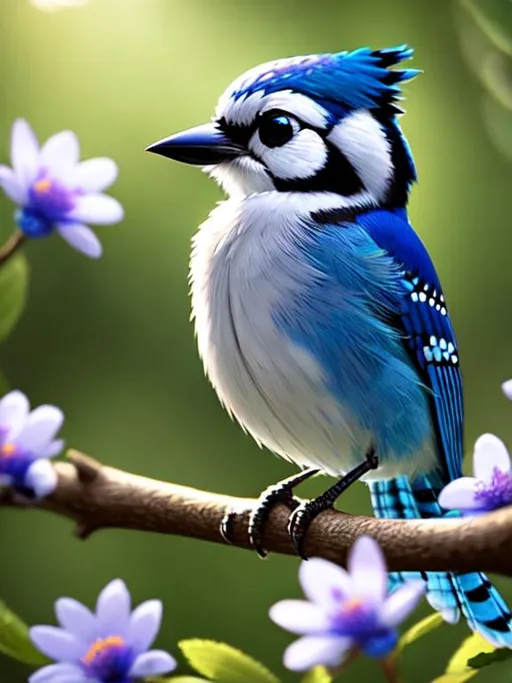 Prompt: Disney Pixar style cute bluejay, highly detailed, fluffy, intricate, big eyes, adorable, beautiful, soft dramatic lighting, light shafts, radiant, ultra high quality octane render, daytime forest background, field of flowers, hypermaximalist