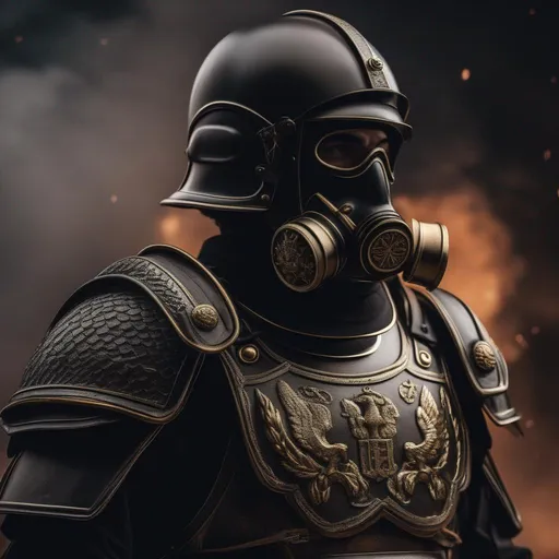 Prompt: A modern roman military male in black military armor galea helmet of roman armor, and gas mask, background World War 3, Hyperrealistic, sharp focus, Professional, UHD, HDR, 8K, Render, electronic, dramatic, vivid, pressure, nervous vibe, loud, tension, dark, Epic