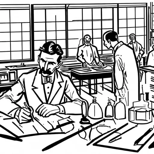 Prompt: show step by step easy drawing of nikola tesla inside his lab working simple drawing 
