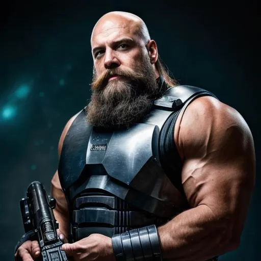 Prompt: old bald strongman space dwarf engineer with a long beard holding a huge plasma shotgun, wearing a space armor, space opera style, star wars style, science fiction, realistic with big muscles, realistic photographic