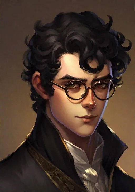 Prompt: A young gentleman with gold-rimmed glasses, neat black hair, and dark brown eyes. He looks colder and sharper than Sherlock or Klein. Gehrman refined demeanor and gloomy aura make him appear as an experienced, ruthless adventurer.