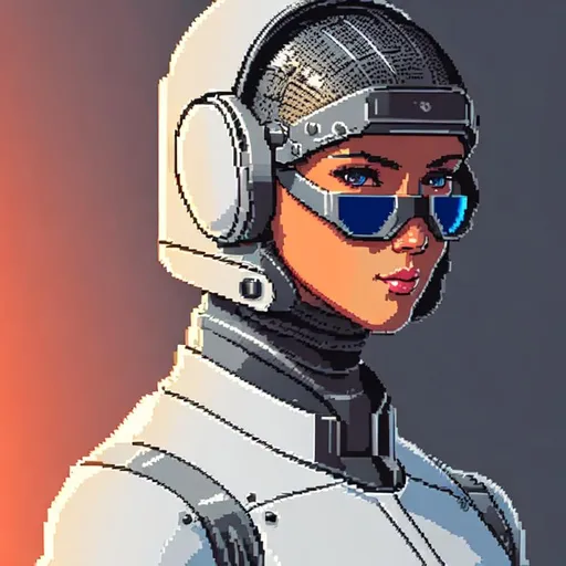 Prompt: retro digital pixelart portrait of a cyborg, grey steel metal plating skin tone, for DOS SNES with dithering shading 16-bit colour depth masks raster