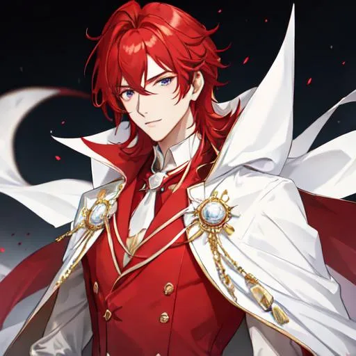 Prompt: Zerif 1male (Red side-swept hair covering his right eye) wearing a royal suit, white cape, 