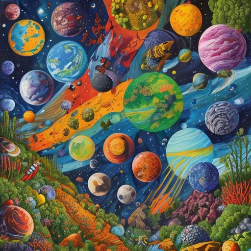 Prompt: Season painting, vivid, forest in Two rows, sunshine in the back, with elements of the Earth, bees,science fiction, space and abunch of planets