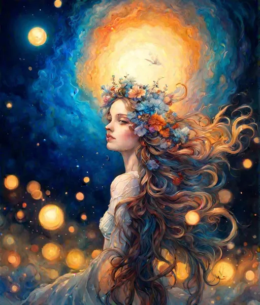 Prompt: Celestial melodies weave through the night, a symphony of art and Beauty. Art by Artgerm, Arthur Rackham, Conrad roset, Josephine Wall, jean auguste dominique ingres, mucha, Laura sava, Stephen Gibb. Best quality, high definition, Super clear resolution, iridescent watercolors Ink. Super extremely detailed and beautiful, 3d, intricate, high definition