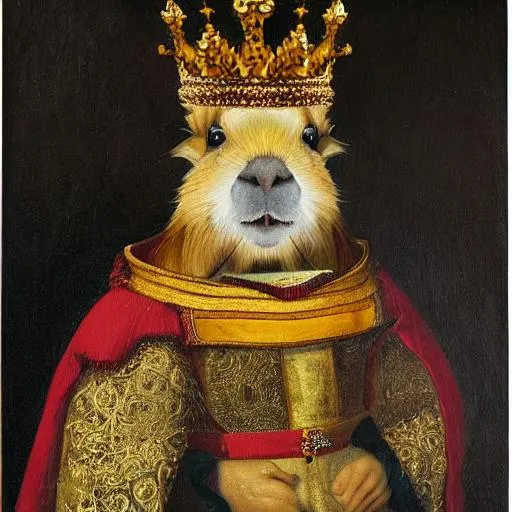 Prompt: An oil painting portrait of a capybara wearing medieval royal robes and an ornate crown on a dark background