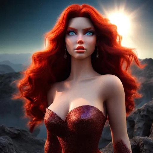 Prompt: HD 4k 3D professional modeling photo hyper realistic beautiful enchanting woman jessica rabbit red hair fair skin blue eyes gorgeous face sparkling dress dark singers lounge  landscape hd background ethereal mystical mysterious beauty full body