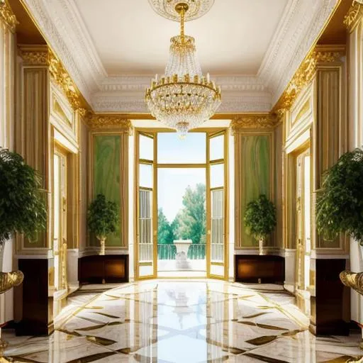 Prompt: gold lighted painting room, big windows, mansion, golden decorations, soft pastel colours, marble floors, perfect composition, hyperrealistic, super detailed, 8k, high quality, trending art, trending on artstation, nostalgic style, sharp focus, studio photo, intricate details, highly detailed, 3d, water colours, green trees inside, circled marble stairs