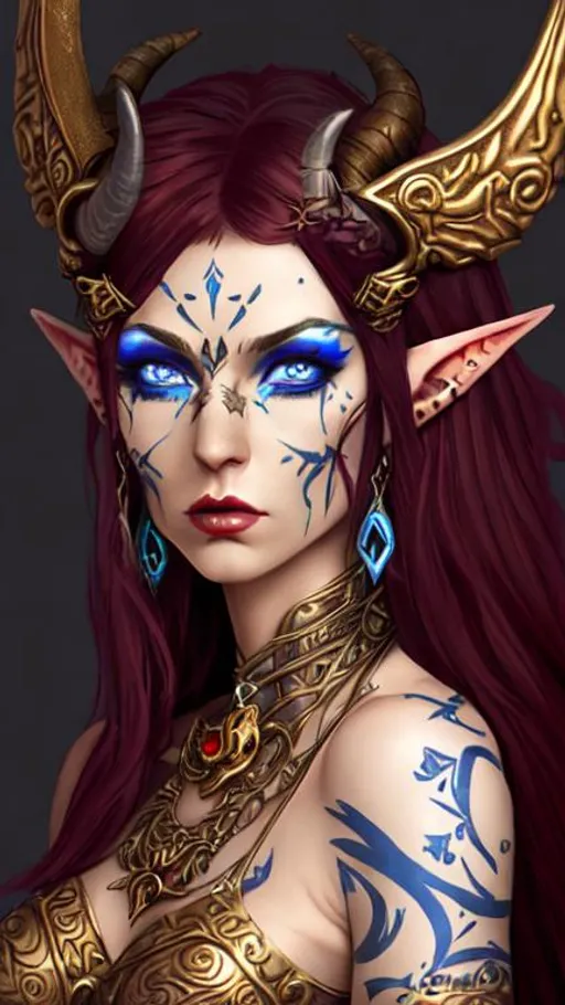 Prompt: full body portait of a elven war goddess with small curled horns and golden wings and jewelry, lip piercing, nose piercing, blue eyes, pierced ears, dark red hair that falls in her face, dark western background, western, micro detailed, dark fantasy. trending, realism, moody
