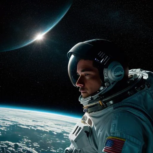 Prompt: picture of an astronaut on the surface of a celestial planet with the earths reflection on his visor