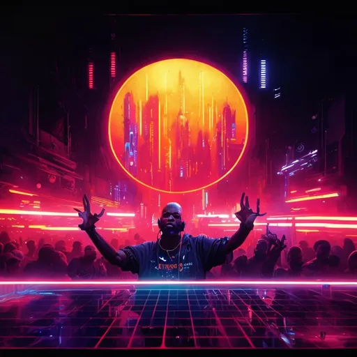 Prompt: close up deejay with his hands up in a lightshow, dancing crowd, perfect composition, hyperrealistic, super detailed, 8k, high quality, trending art, trending on artstation, sharp focus, studio photo, intricate details, highly detailed, cyberpunk, by greg rutkowski