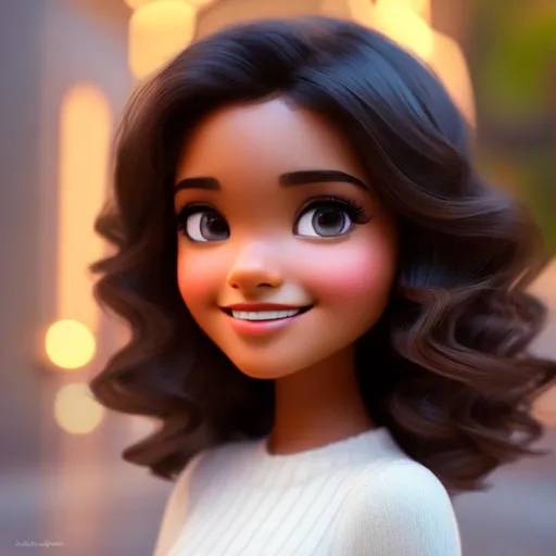 Prompt: Disney, Pixar art style, CGI, girl with light muted tan skin, almond shaped black eyes, long curly black hair
