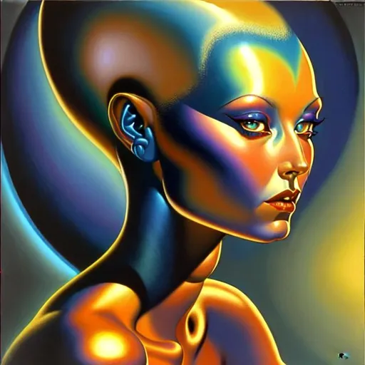 Prompt:  1970's artwork by Vladimir Tretchikoff of attractive alien woman, casting blue light on her skin 