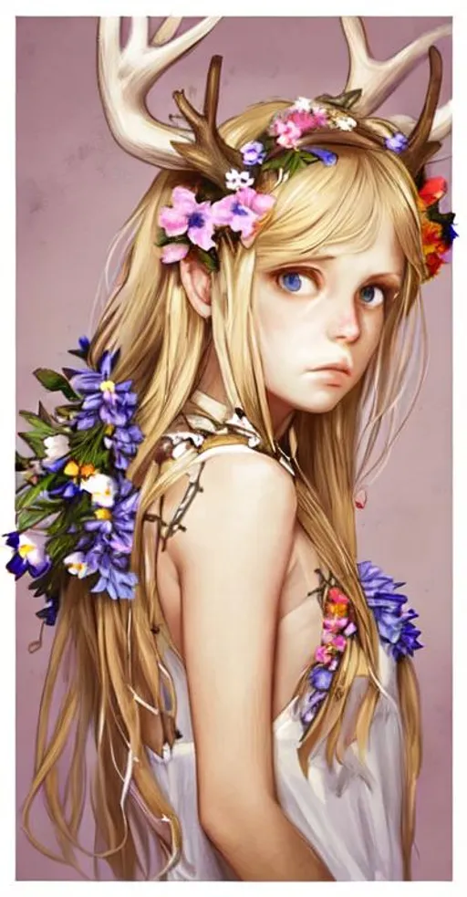 Blond Girl With Flowers In Her Hair Antlers Crucif