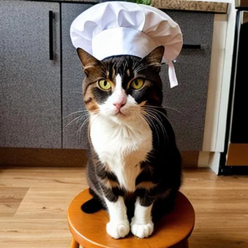 A Cat Sitting on stool with a chef hat