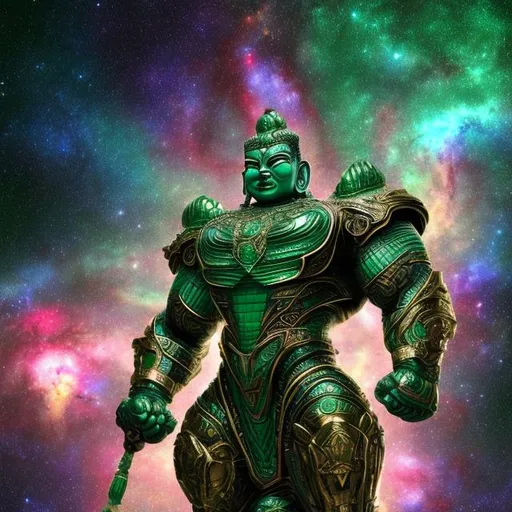 Prompt: emerald armored bodybuilding buddha, widescreen, infinity vanishing point, spiral galaxy nebula background