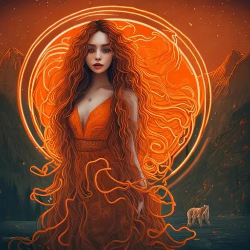 Prompt: 
insanely beautiful lady with long curly yellow hair with beautiful orange dress wolf in a beautiful mythical place neon orange ambience