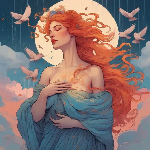 Prompt: A colourful and beautiful Persephone with rain dripping from her hair, wearing a flowing ballgown made of clouds, surround by clouds and birds in a painted style controlling lightning with her hands at sunset