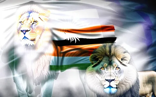 Prompt: The Manipur flag is the background with A lion walking like a king in front in diffused colors
