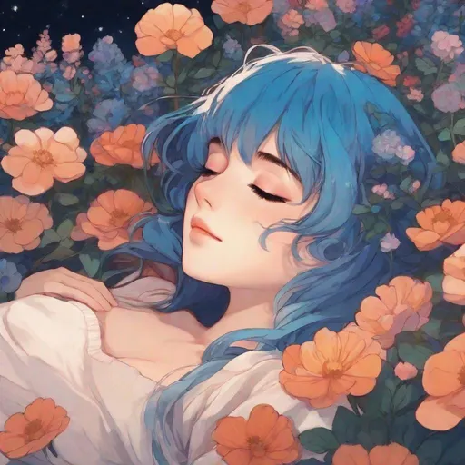Prompt: close up shot, anime, ghibli, girl, lying in a bed of flowers, blue hair, headshot, delirious, midnight, moonlight, dreamy filter