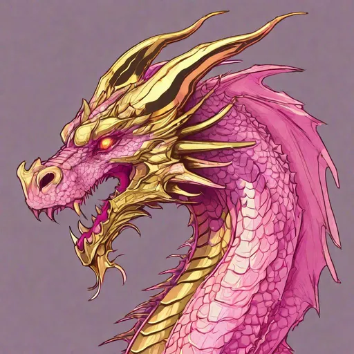 Prompt: Concept design of a dragon. Dragon head portrait. Side view. Coloring in the dragon is predominantly bright gold with pink streaks and details present.