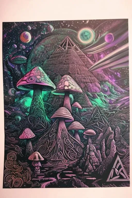 Prompt: Trippy space scape. Mushrooms and smaller trees, pyramids, Celtic symbols on buildings