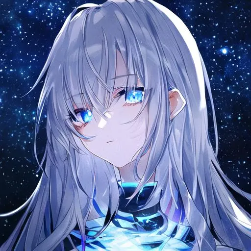 Prompt: night sky, ice aura, silver hair on the outside hair, black hair on the inside hair, neon red and blue eyes 