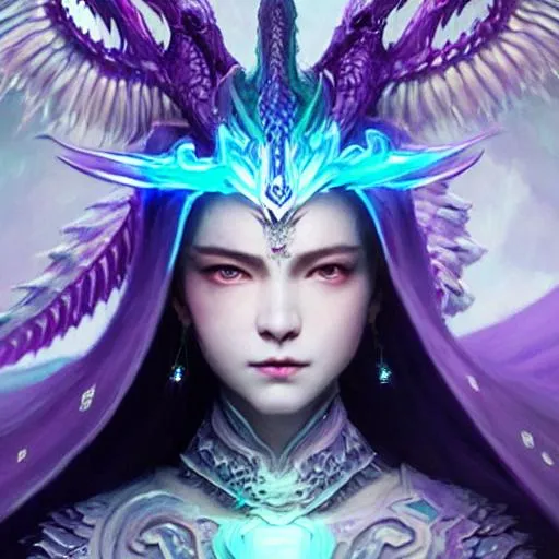 Prompt: A  beautiful white dragon queen, pearlescent white skin, stunning symmetrical  beautiful face, violet iridescent eyes, popped up colar cape made of dragon iridescent white scales art by greg rutkowski, sung choi, artgerm, pino daeni, karol bak, cushart, wlop, craig mullins, hyperdetailed, perfect composition, super clear definition, unreal engine, dramatic makeup, silver shining silky white hair