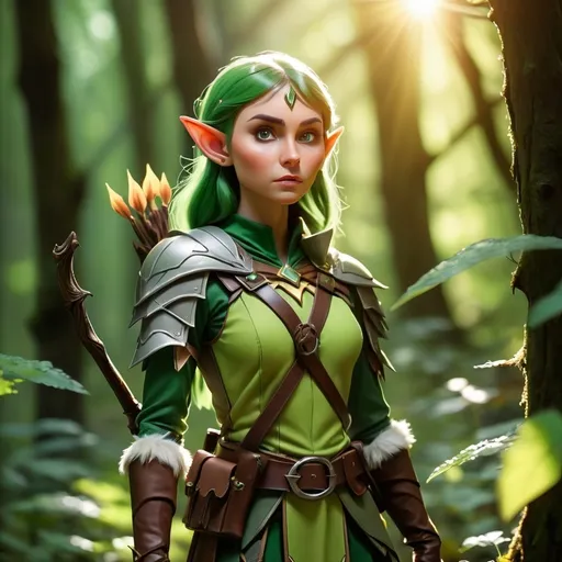 Prompt: Elf ranger in a mystical forest around sunlight