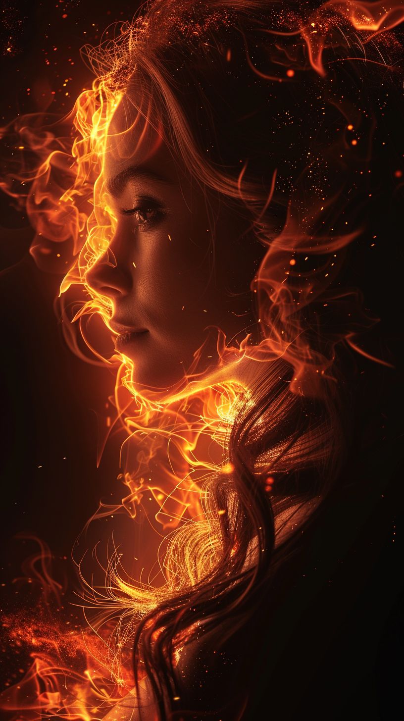 Prompt: flames swirling into girl made of fire, minimalistic, sleek