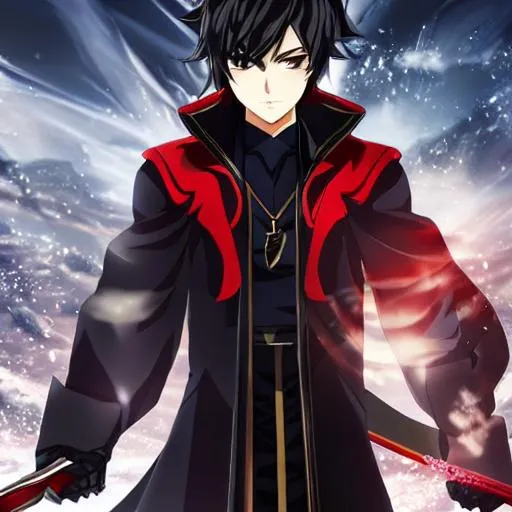 anime boy with black robe that uses magic and has one red eye and