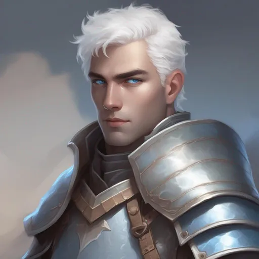 Prompt: dnd a man with short fluffy white hair wearing plate armor with light blue eyes