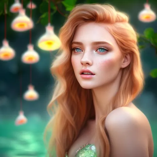 Prompt: HD 4k 3D 8k professional modeling photo hyper realistic beautiful young woman ethereal greek goddess of beauty love desire and pleasure
strawberry blonde hair gorgeous face light green shimmering dress full body surrounded by a heavenly glowing light hd enchanting landscape background of ocean seashells roses doves and sparrows 