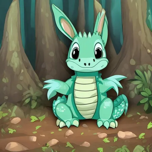 Prompt: One cartoon friendly dragon bunny in forest

