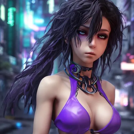 Prompt: 4k high resolution cgi anime cyberpunk style, 18 year old petite Latin female, light purple eyes, dark hair, thick body build, small chest, bare belly and low cut green halter top, 