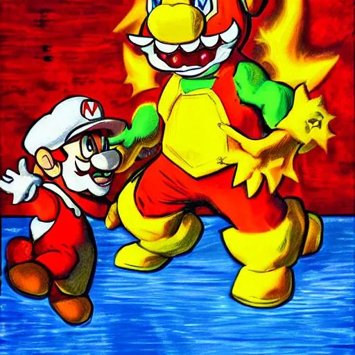 Prompt: Bowser  n Mario from super Mario bro original Mario bro game red outfit finale final boss battle stand off n the style of Van Gogh style mixed media painting oil on canvas the final showdown in bowsers castle fight fireball 