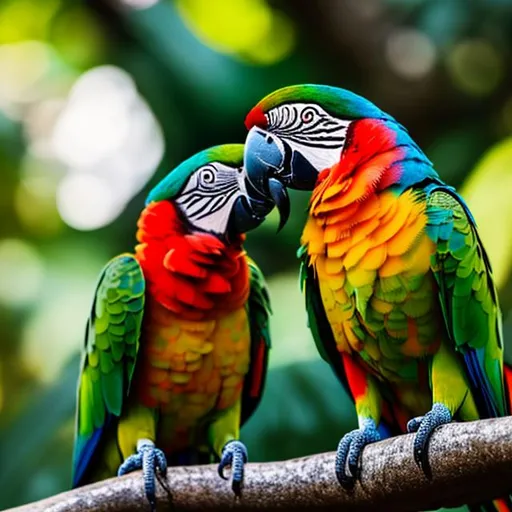 Prompt: two parrots kissing in a jungle