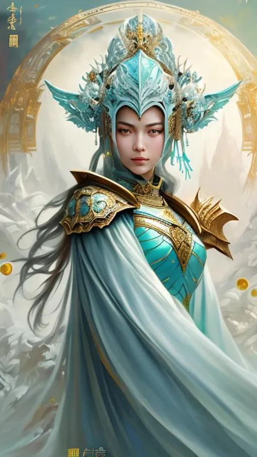 Prompt: hyper realistic painting of beautiful knight wearing elegant chinese dress, semi aqua white hair,  intricate face, golden ratio painting, rule of third cinematic background, wlop painting style, sea of tree background