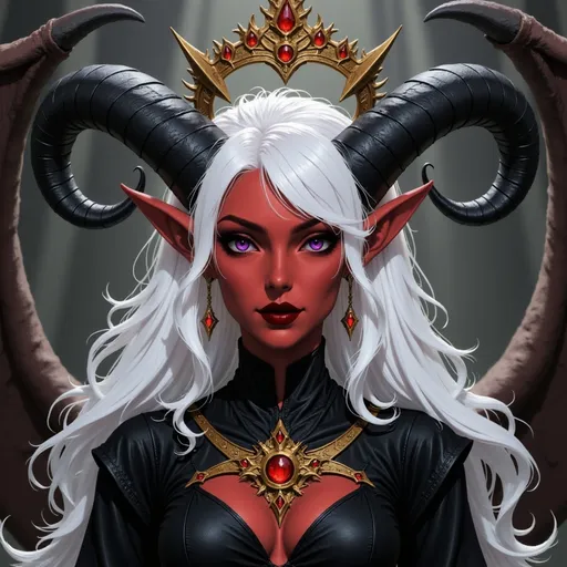 Prompt:  @p2CZMES7VK5y7B1QsEFp white hair, large crown, lots of jewelry, horns curved down, black clothes, coronation
