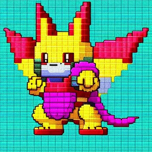 Prompt: retro digital pixelart of a digimon for DOS SNES with dithering shading 16-bit colour depth masks raster.