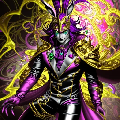 Prompt: beautiful freeform colorful chaos epic bold, 3D, HD, {one}({liquid metal {Rabbit}Man dressed as Magician} with {purple gold pink green red silver blood}ink), expansive psychedelic background --s99500