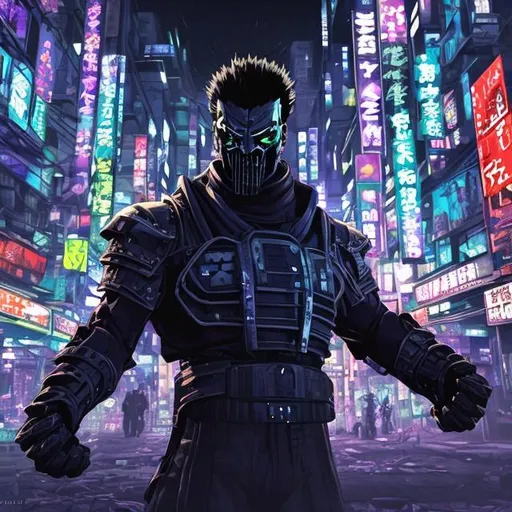 Prompt: Original villain.  Brawn. Sinister. Unique.. quirky. Magic flail. Very Dark image with lots of shadows. Background partially destroyed neo Tokyo. Noir anime. Gritty. Dirty. Black with random neon accents. Holographic armour. Bionic enhancements. 