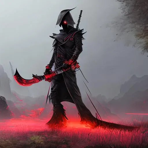 Prompt: scythe, weapon, fantasy art, octane, hdr, 4k,  glowing red