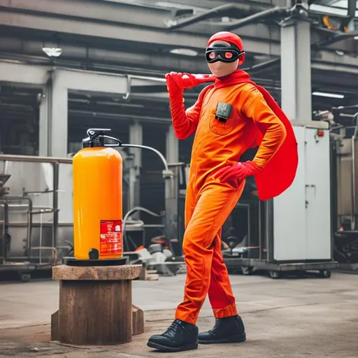 Prompt: superhero of safety science with Fire blanket                                
Goggles                                
Fire extinguisher
Gloves
Broken Glass container
Eyewash station
Proper shoes
Apron
Sponge
Exhaust Fan